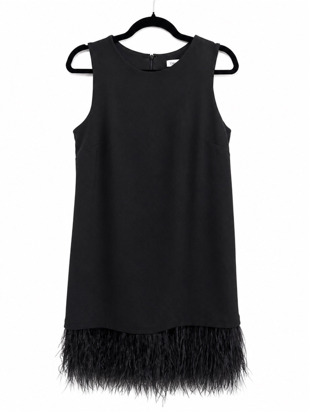 Calvin Klein Black Feather Trim Shift Dress Size 8 Cocktail Party LBD
